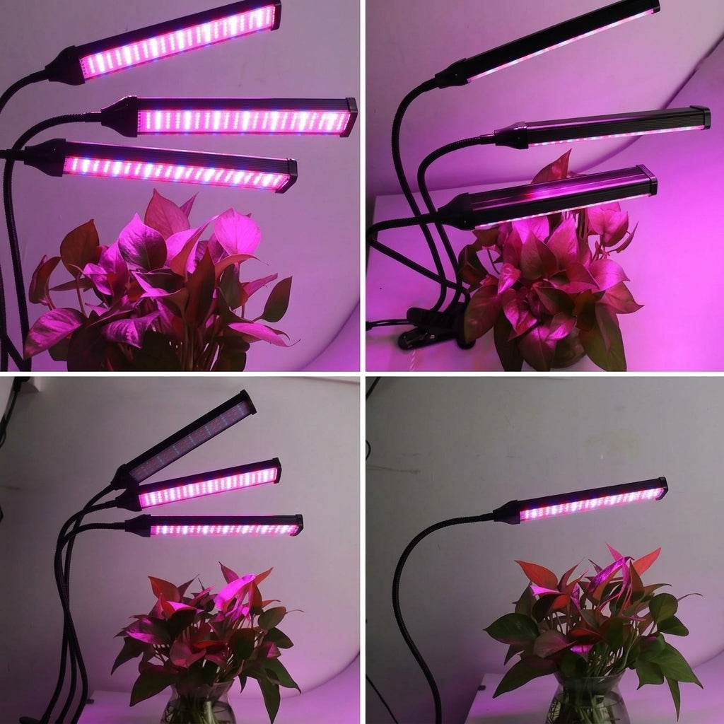 Lámpara LED para plantas con tres brazos flexibles, foto del producto.