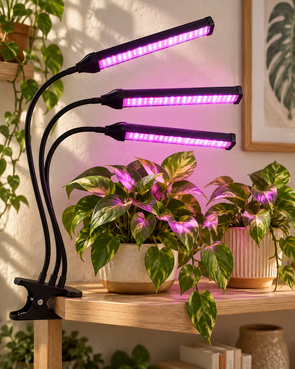 Lámpara LED para plantas en un rincón interior (imagen generada con IA).